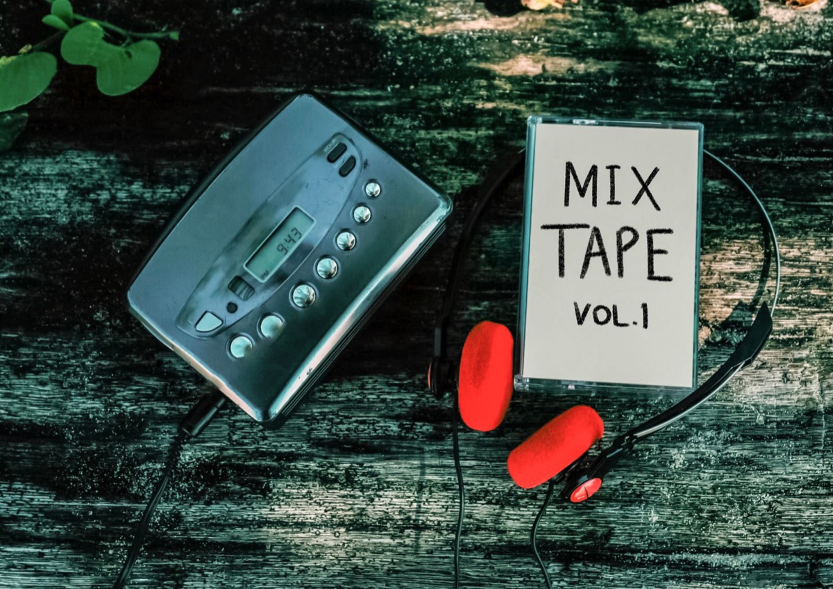 mixtape cassette with walkman and headphones