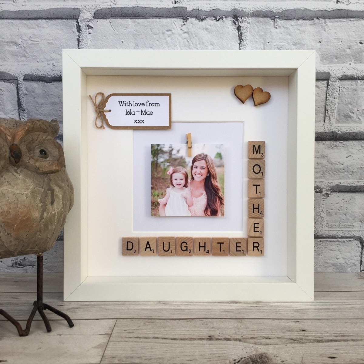 white frame with scrabble tiles and picture of mother and daughter in it, mother daughter gifts