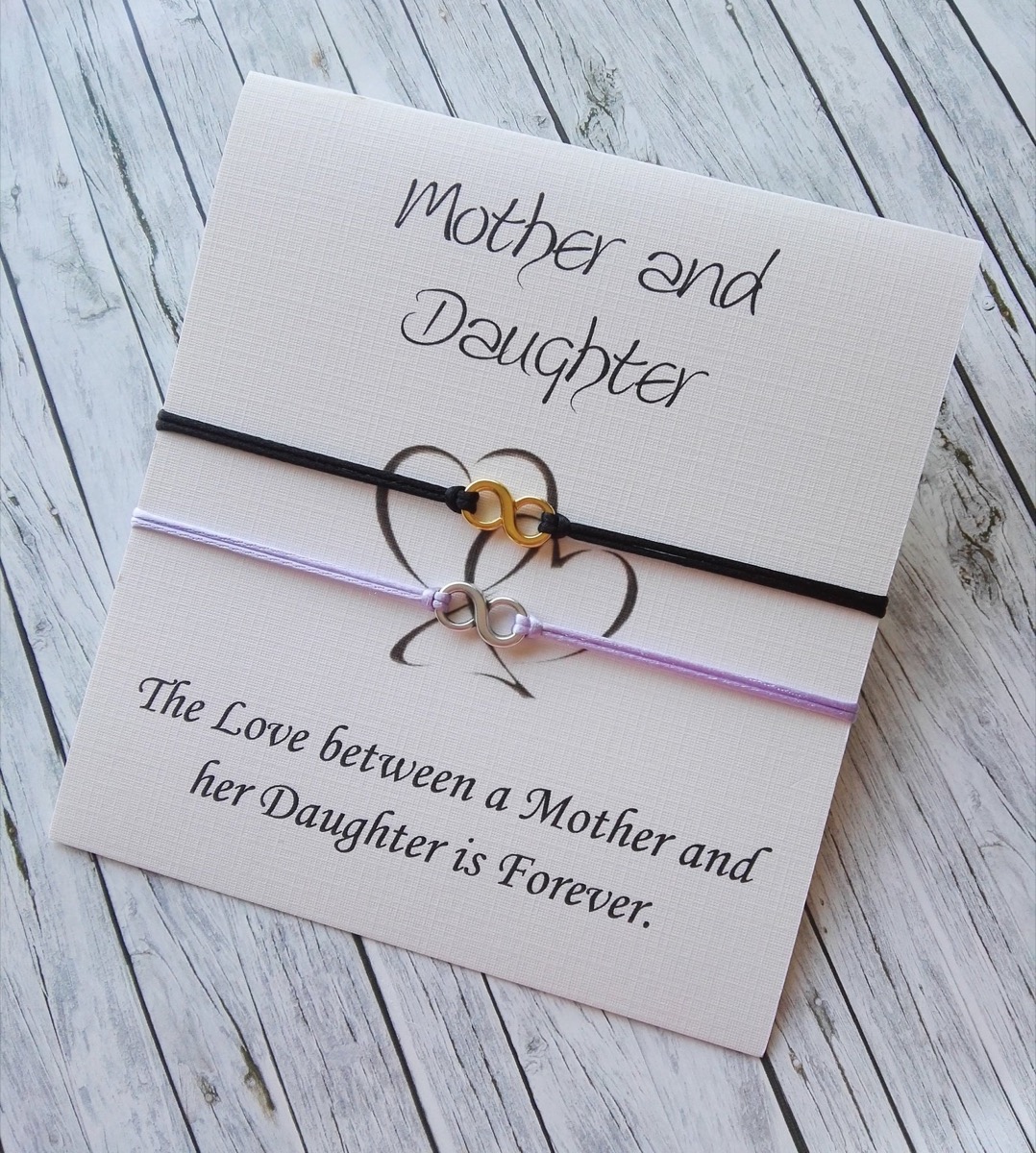 two infinity symbol bracelets on a card, mother daughter gifts