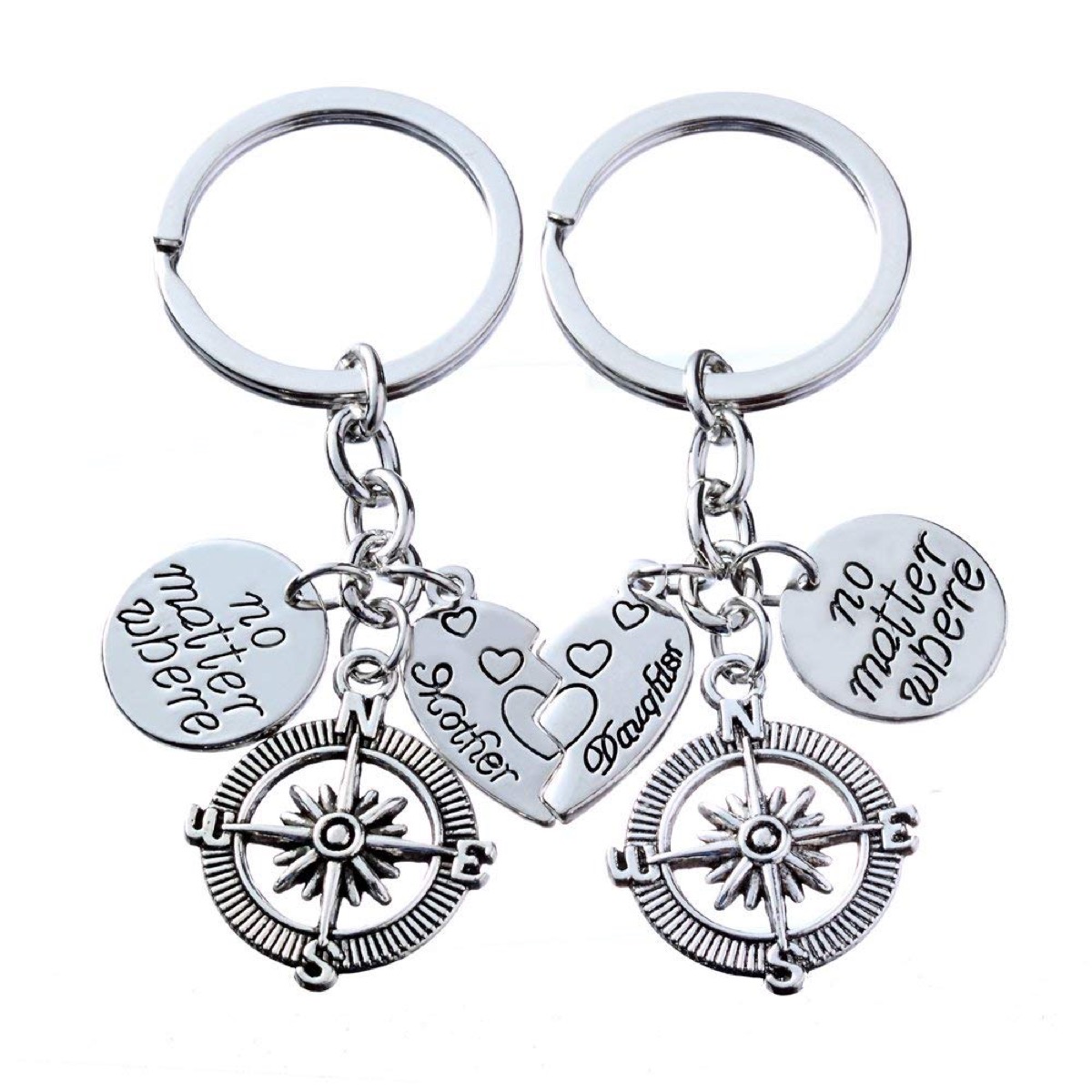 silver keychains with broken hearts and compass charms, mother daughter gifts