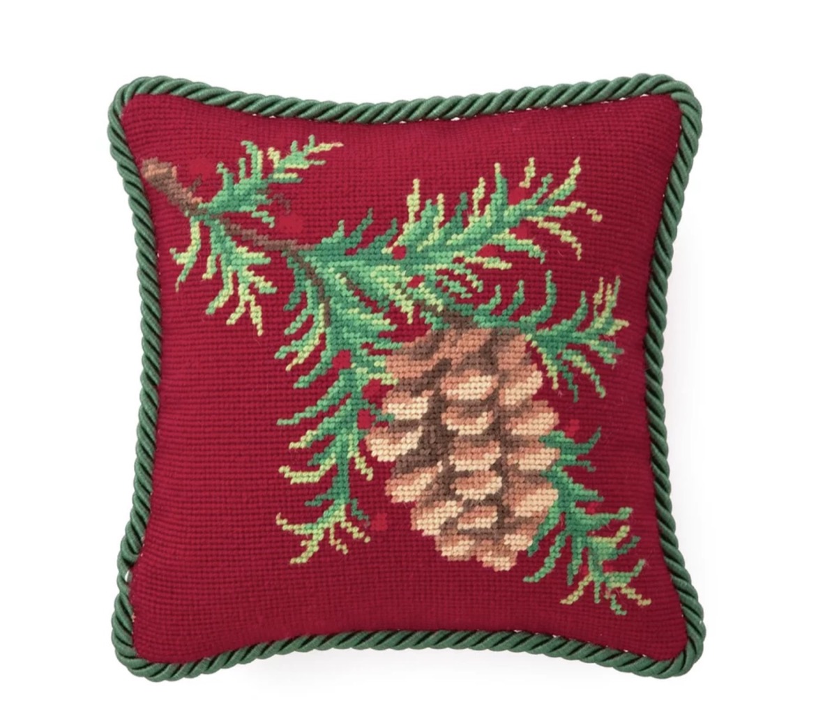 needlepoint pillow with pinecone, old fashioned home items