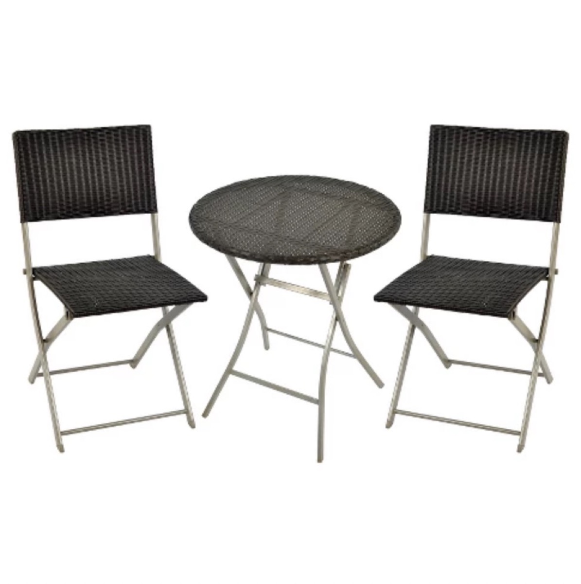 two wicker chairs and a round table