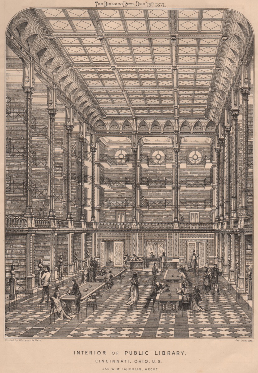 GJCJNN Public Library, Cincinnati, Ohio, U.S.; Jas. W. Mc. Laughlin Architect, 1871. Image shot 1871. Exact date unknown.