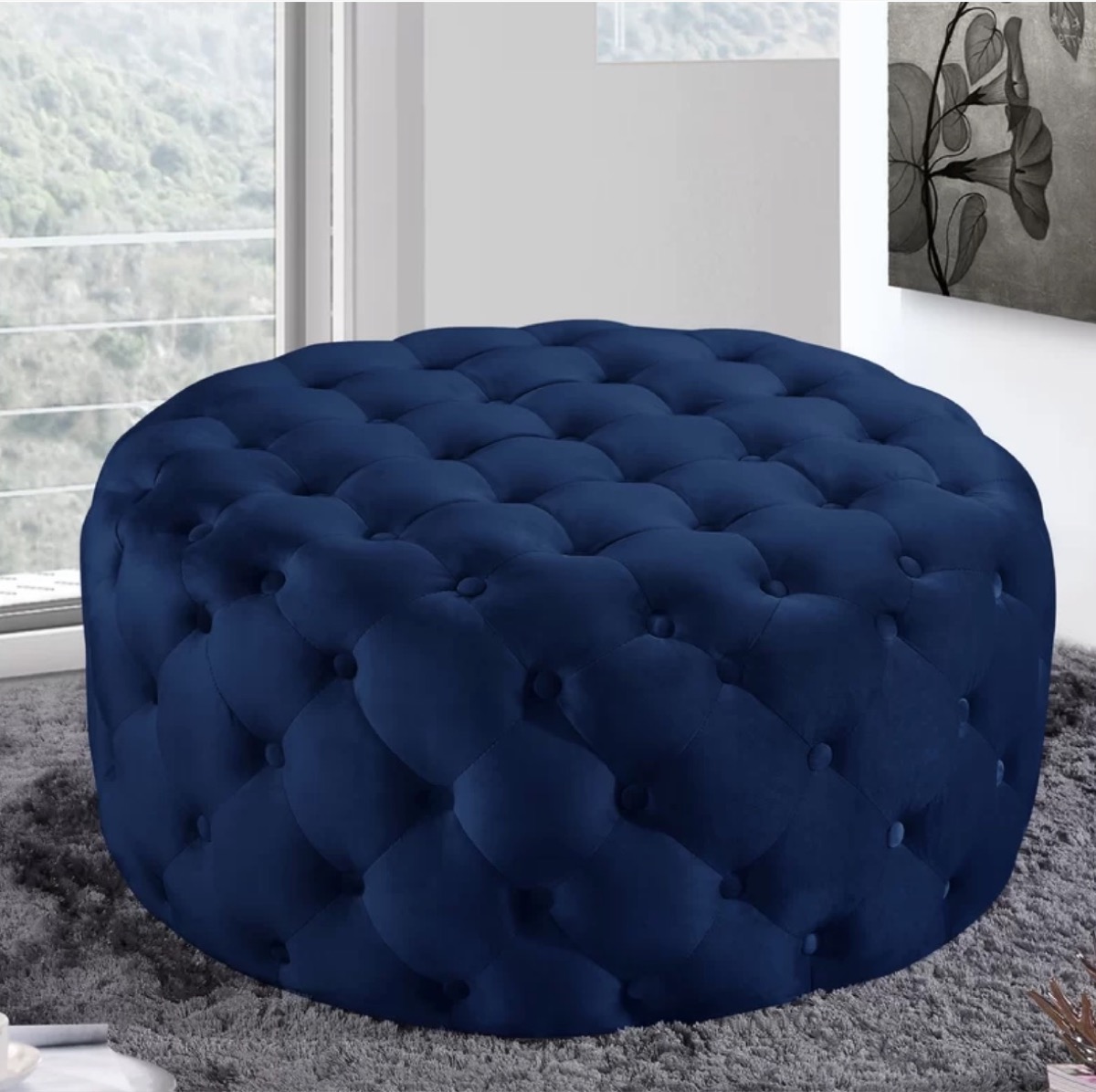 tufted blue ottoman, old fashioned home items