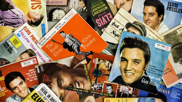 Gothenburg, Sweden - March 24, 2013: Elvis Presley single covers. All records are originals from the year they were released.