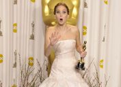 Jennifer Lawrence in the press room for The 85th Annual Academy Awards Oscars 2013, awards show flubs