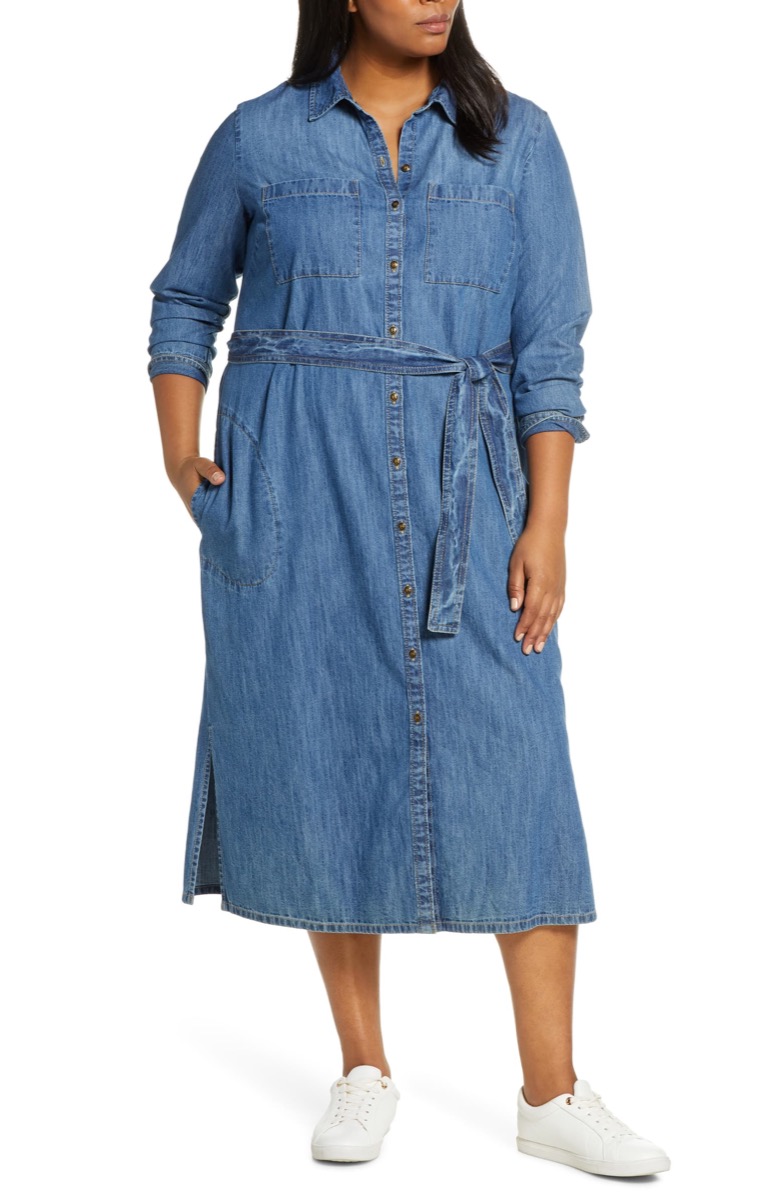 woman in denim shirtdress against white background, fall dresses
