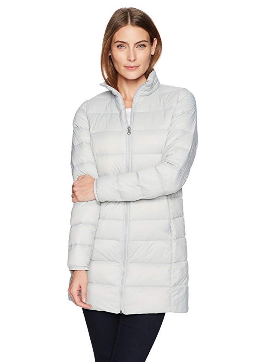 woman in white puffer coat and black leggings, women's coats for winter