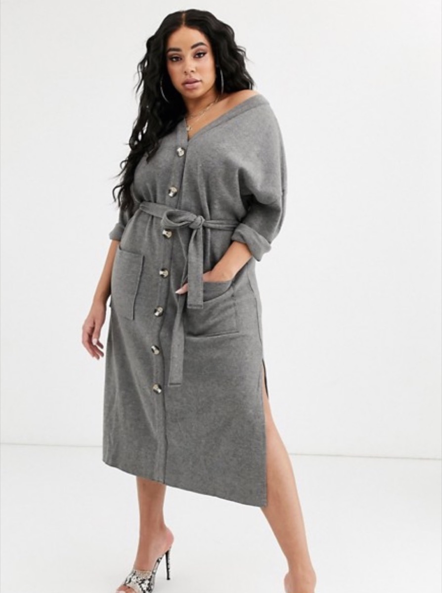 woman wearing gray belted shirtdress against white background, fall dresses