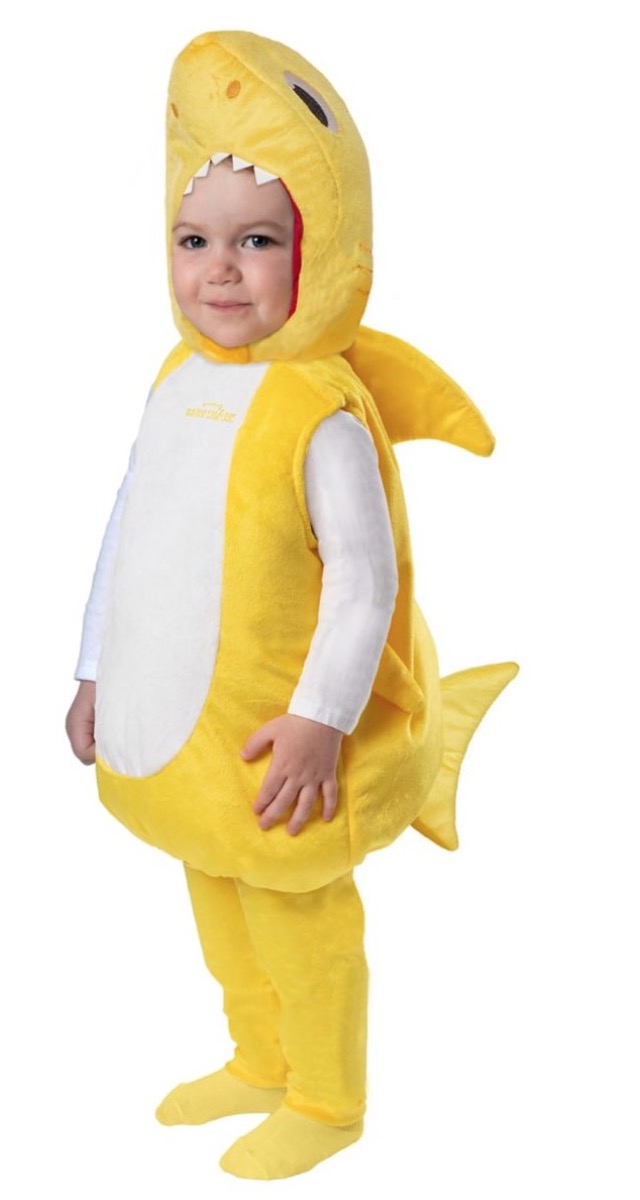 child in yellow shark costume, halloween costumes 2019