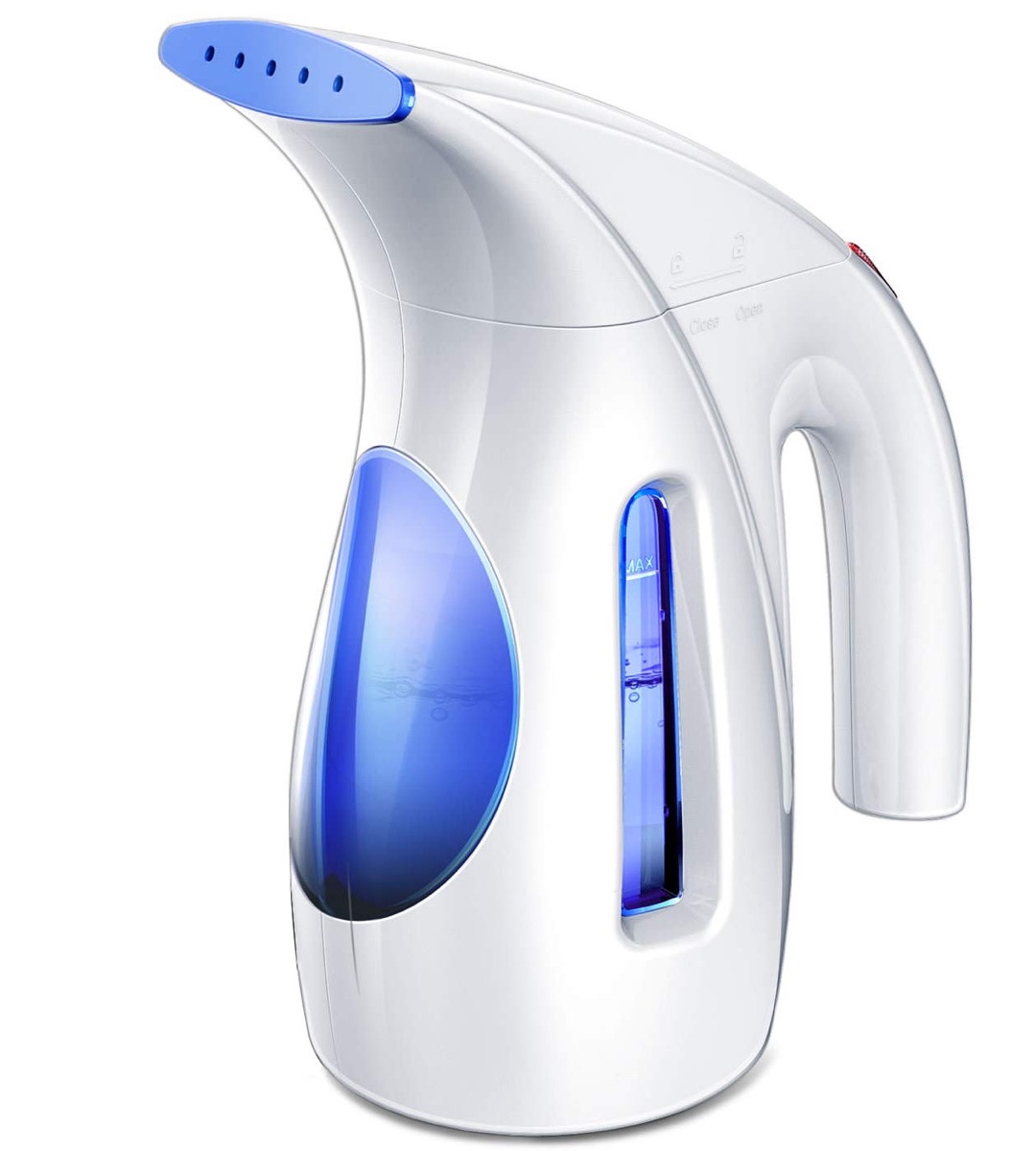 blue and white handheld steamer, essential home supplies