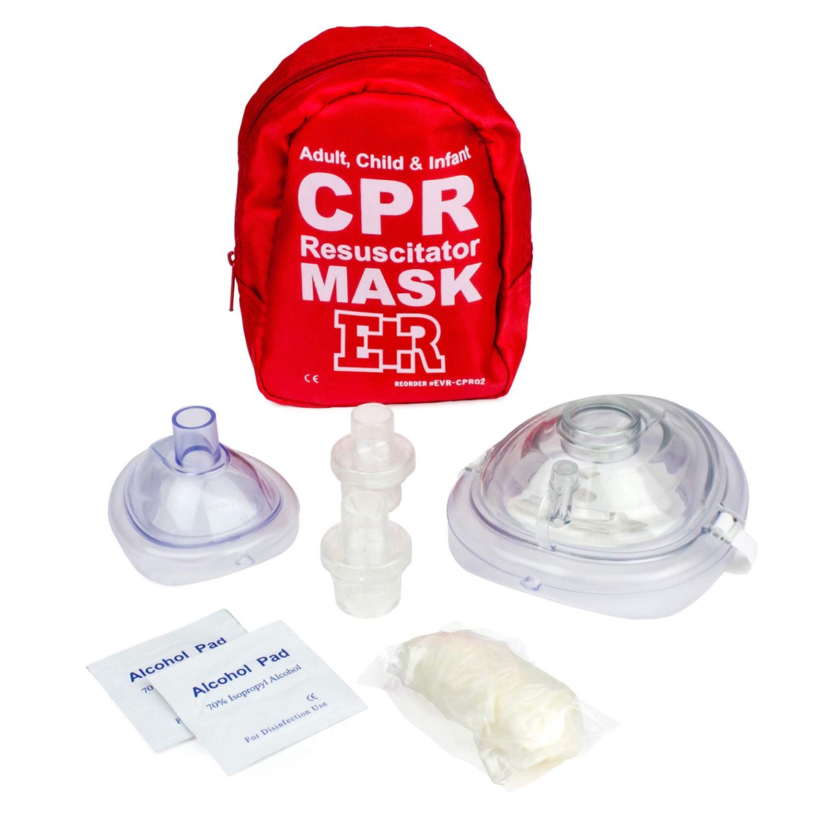 red bag and cpr mask, essential home supplies