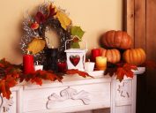 mantle with pumpkins and wreath, fall home decorations