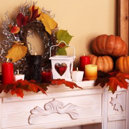 mantle with pumpkins and wreath, fall home decorations