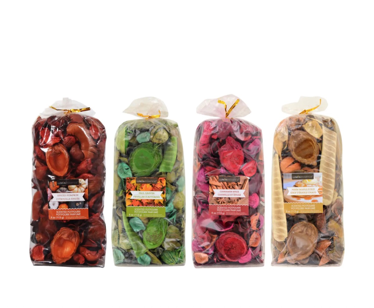 four bags of colorful potpourri, dollar store fall decor