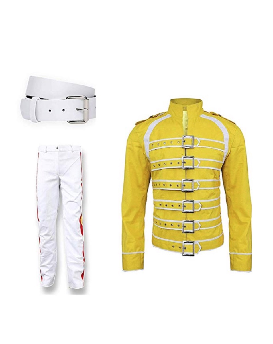 white pants and white belt and yellow jacket, halloween costumes 2019