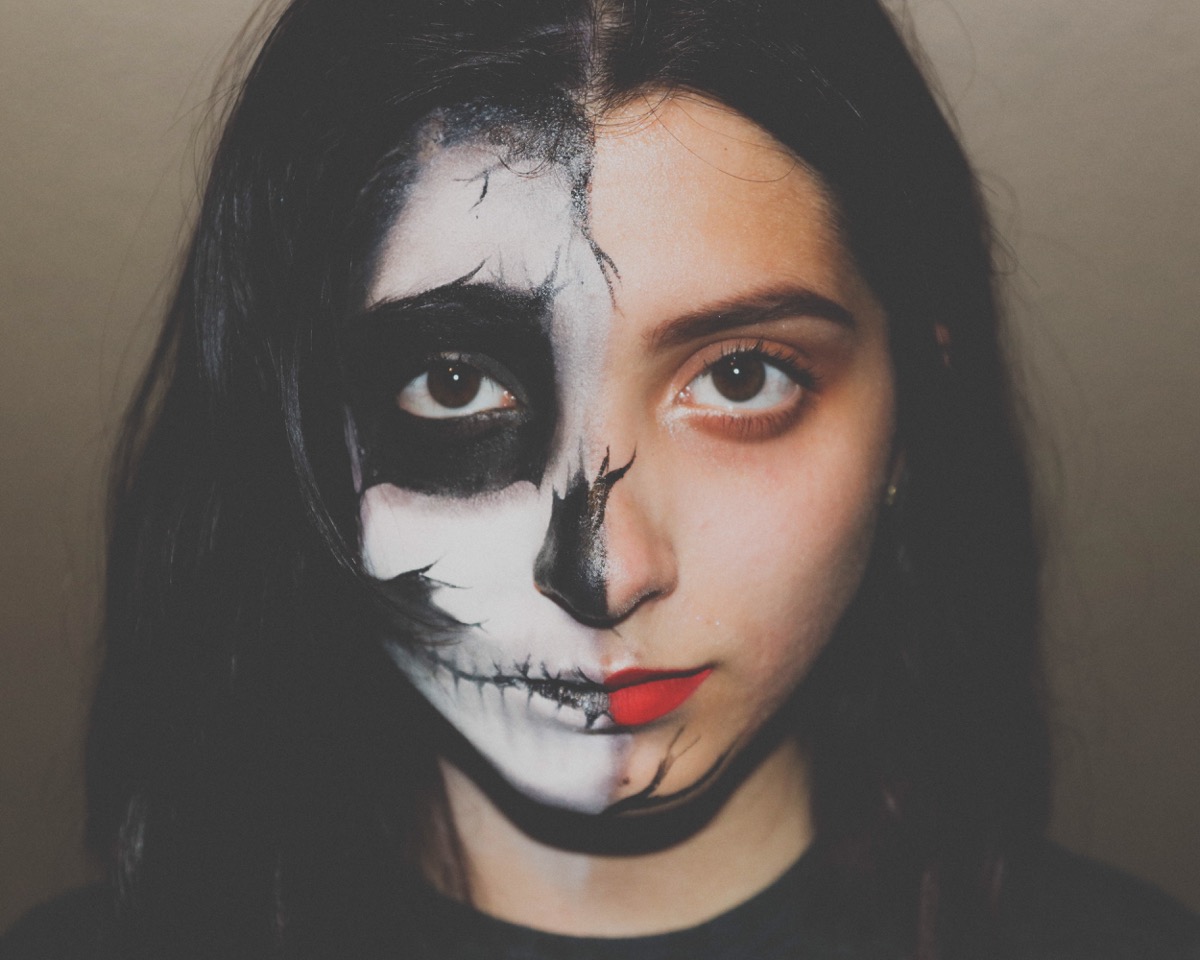 half skeleton makeup, diy halloween costumes
