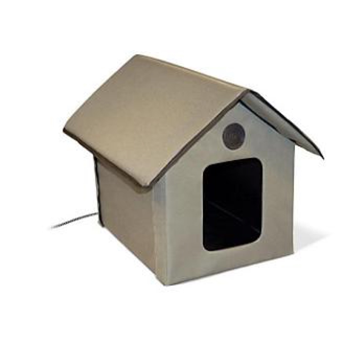 gray cat house with electrical cord coming out the back, cat playground