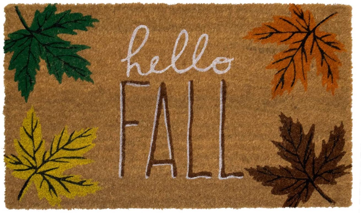 brown doormat reading "hello fall"