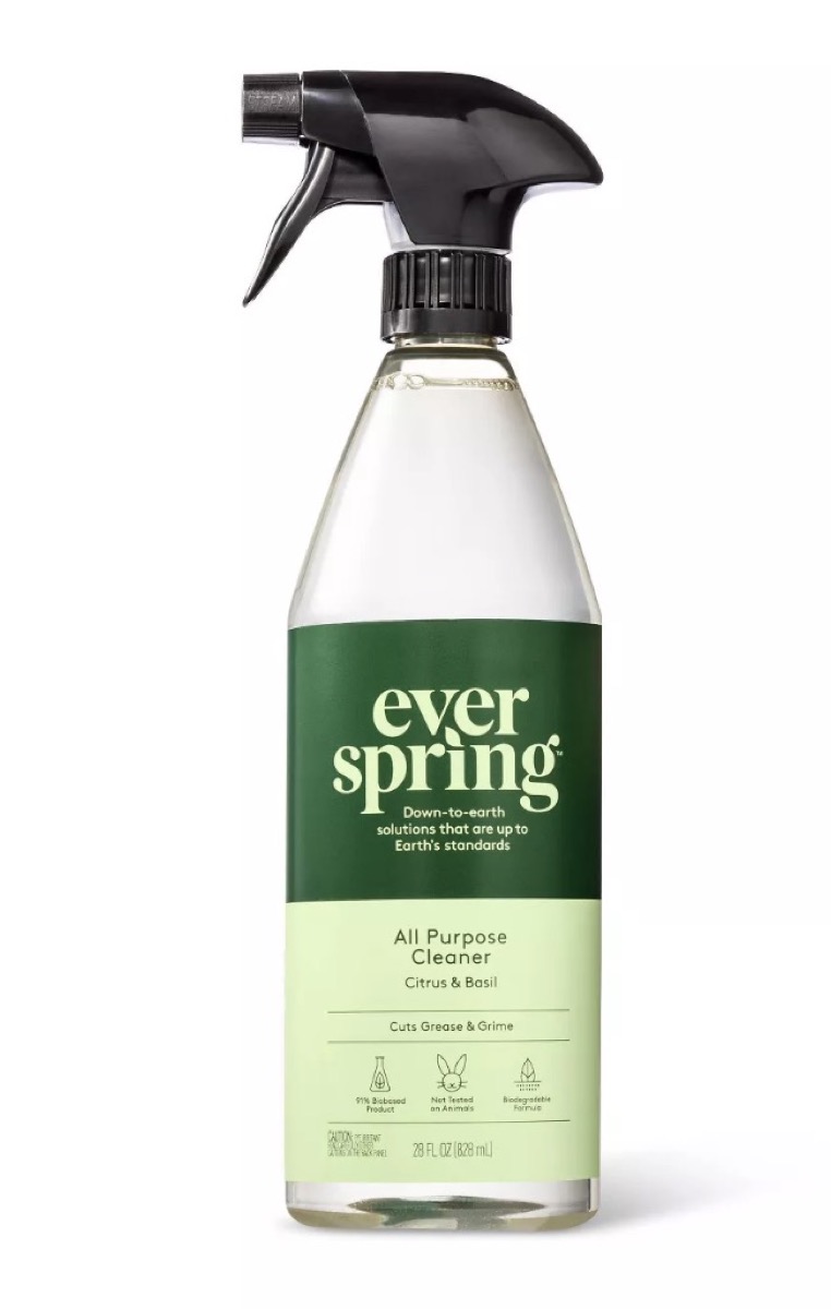everspring cleaner in clear bottle with green label, earth friendly cleaning products