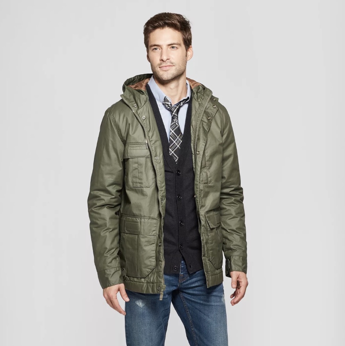 man in green coat and jeans and tie, winter coats for men