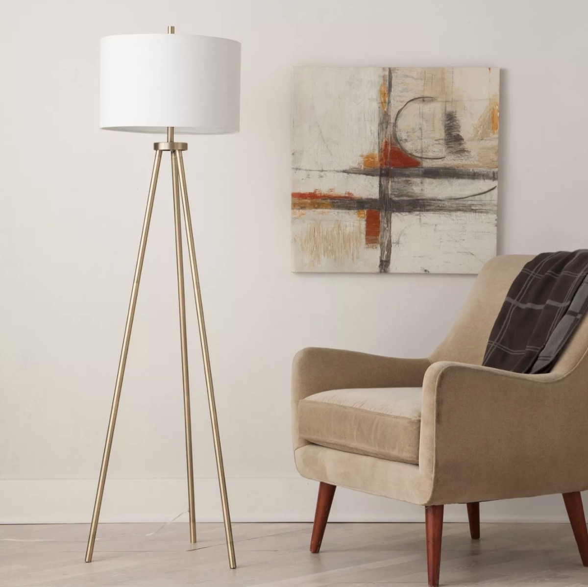 modern living room with lamp and picture and brown chair, target home decor items