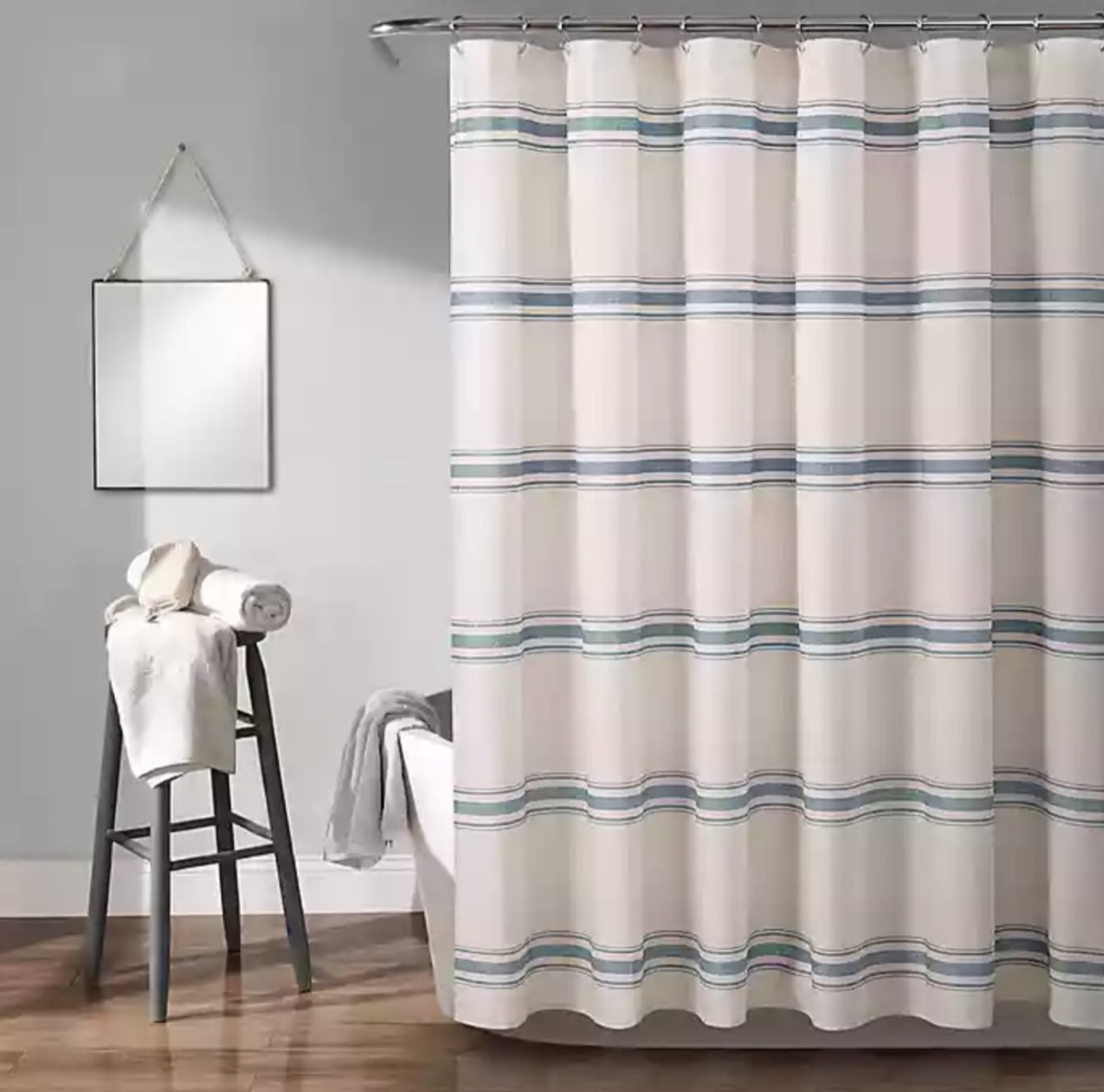 striped shower curtain, rustic farmhouse decor