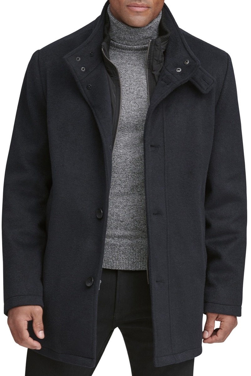 man in plain black coat and gray turtleneck, winter coats for men