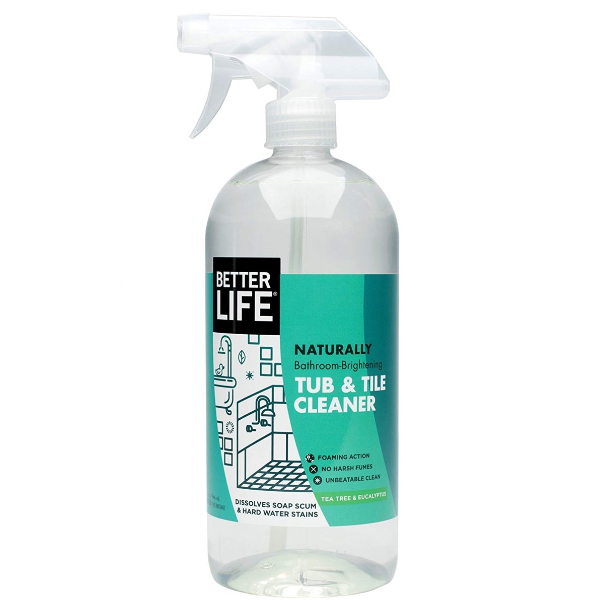 clear bottle of shower cleaner with green label, earth friendly cleaning products