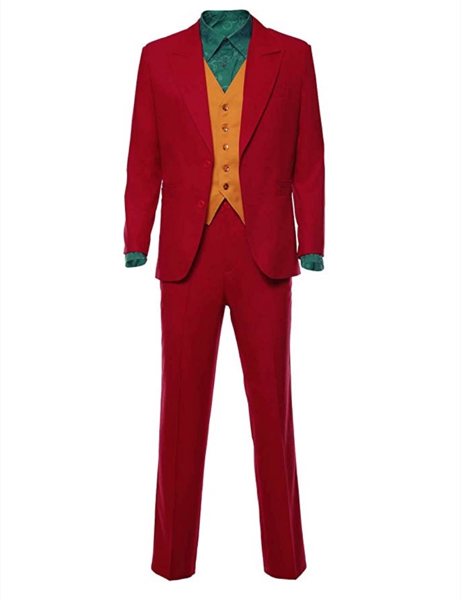 red suit with yellow vest and green shirt, joker costume, halloween costumes 2019