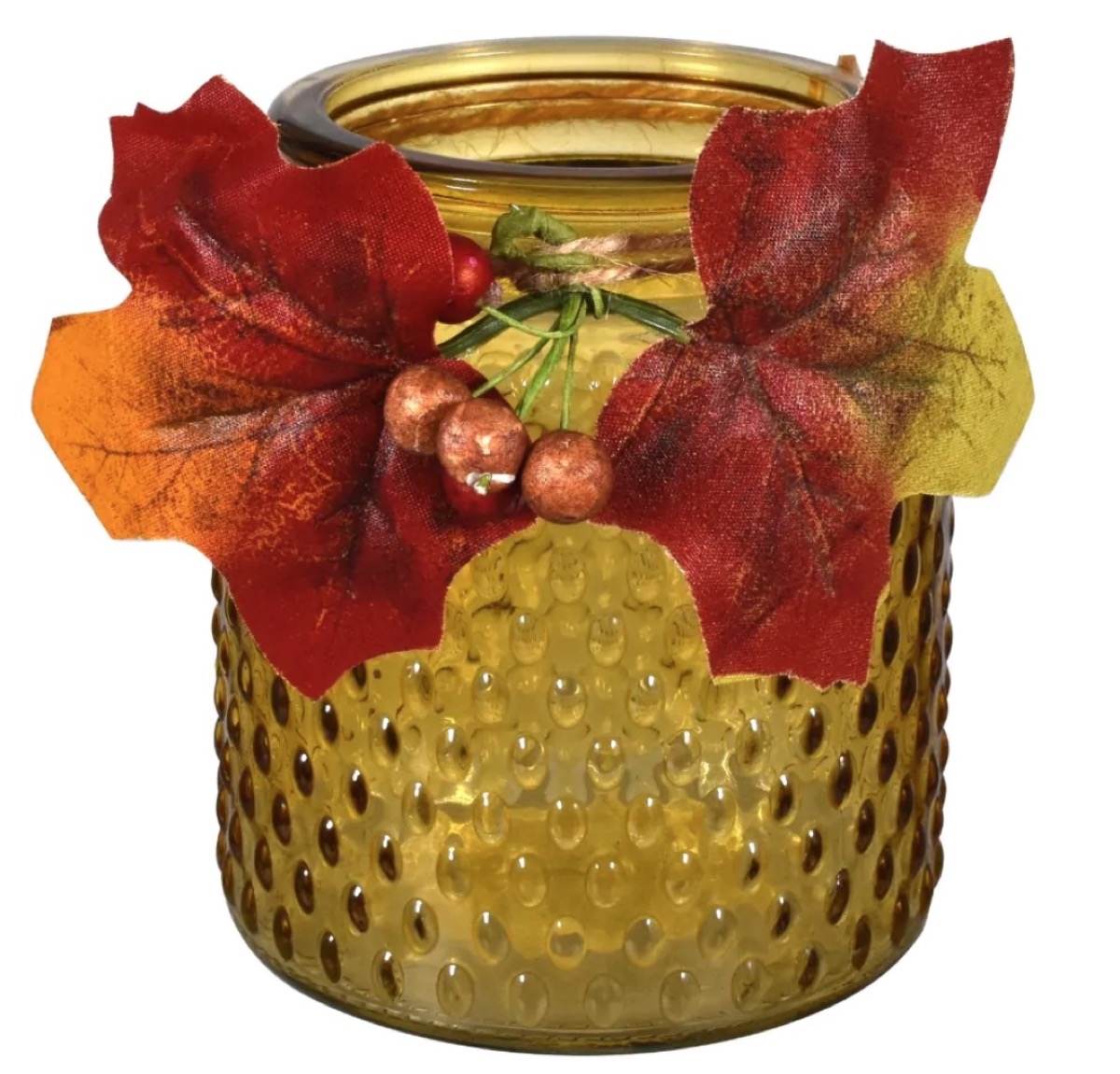 candle holder with leaves and holly berries, dollar store fall decor