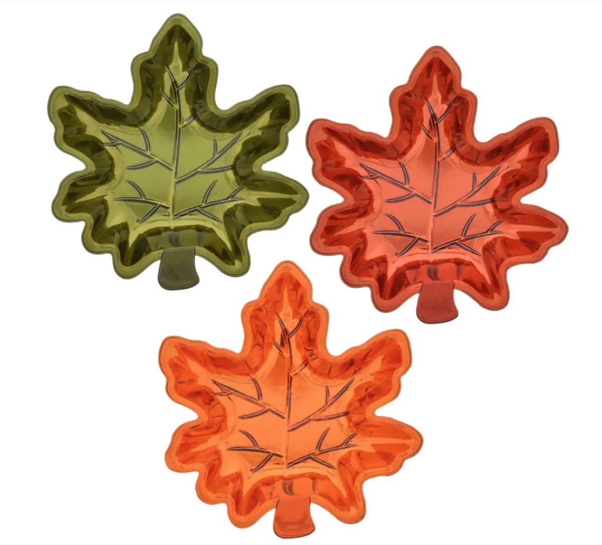 three plastic dishes in the shape of leaves, dollar store fall decor