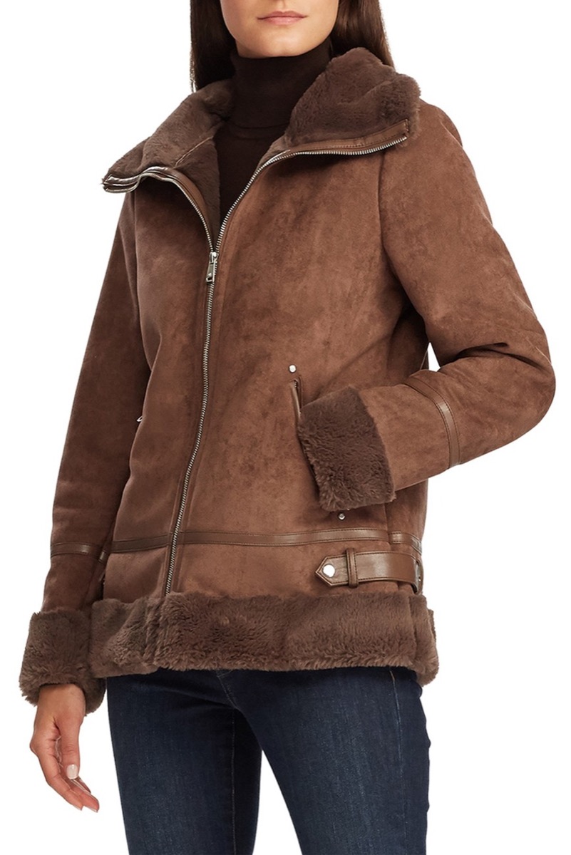 woman in brown shearling coat, women's coats for winter
