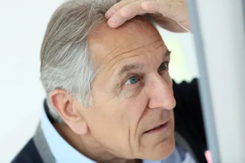 man looking at his gray hair in the mirror