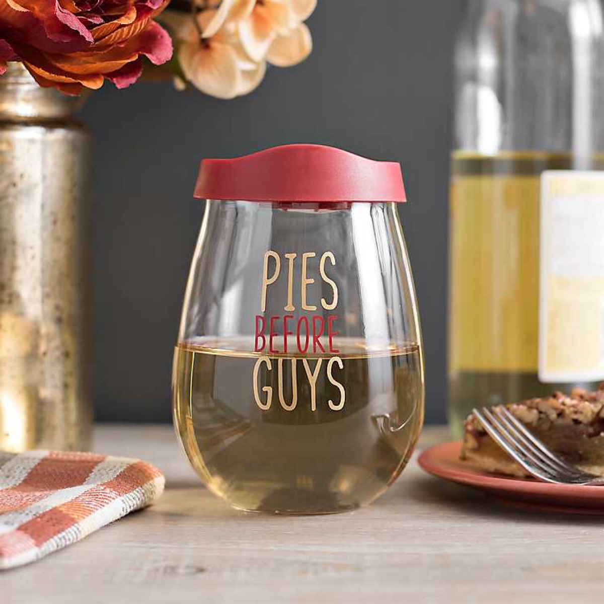 stemless wine glass with "pies before guys" on it, fall decorating tips