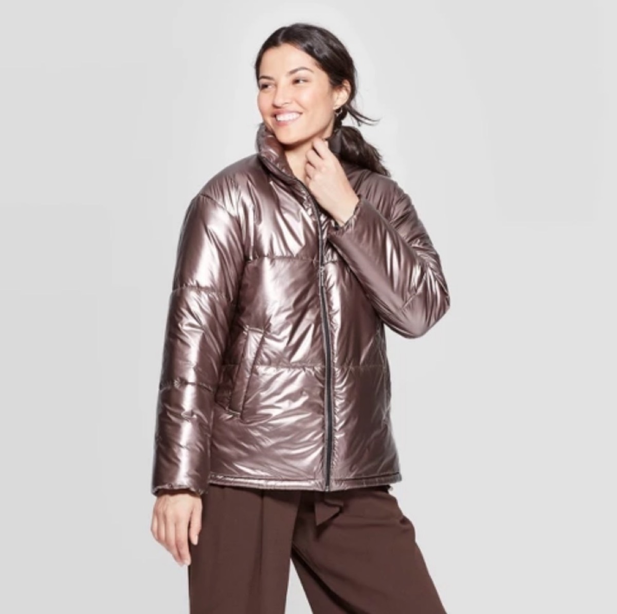 woman in metallic puffer coat, women's coats for winter