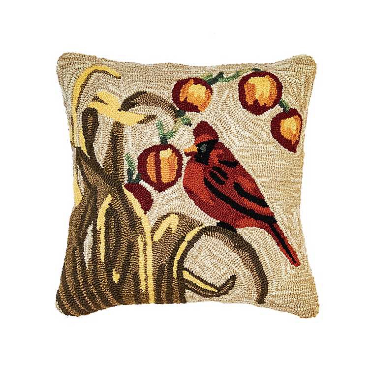 needlepoint pillow with cardinal on it, fall decoration tips