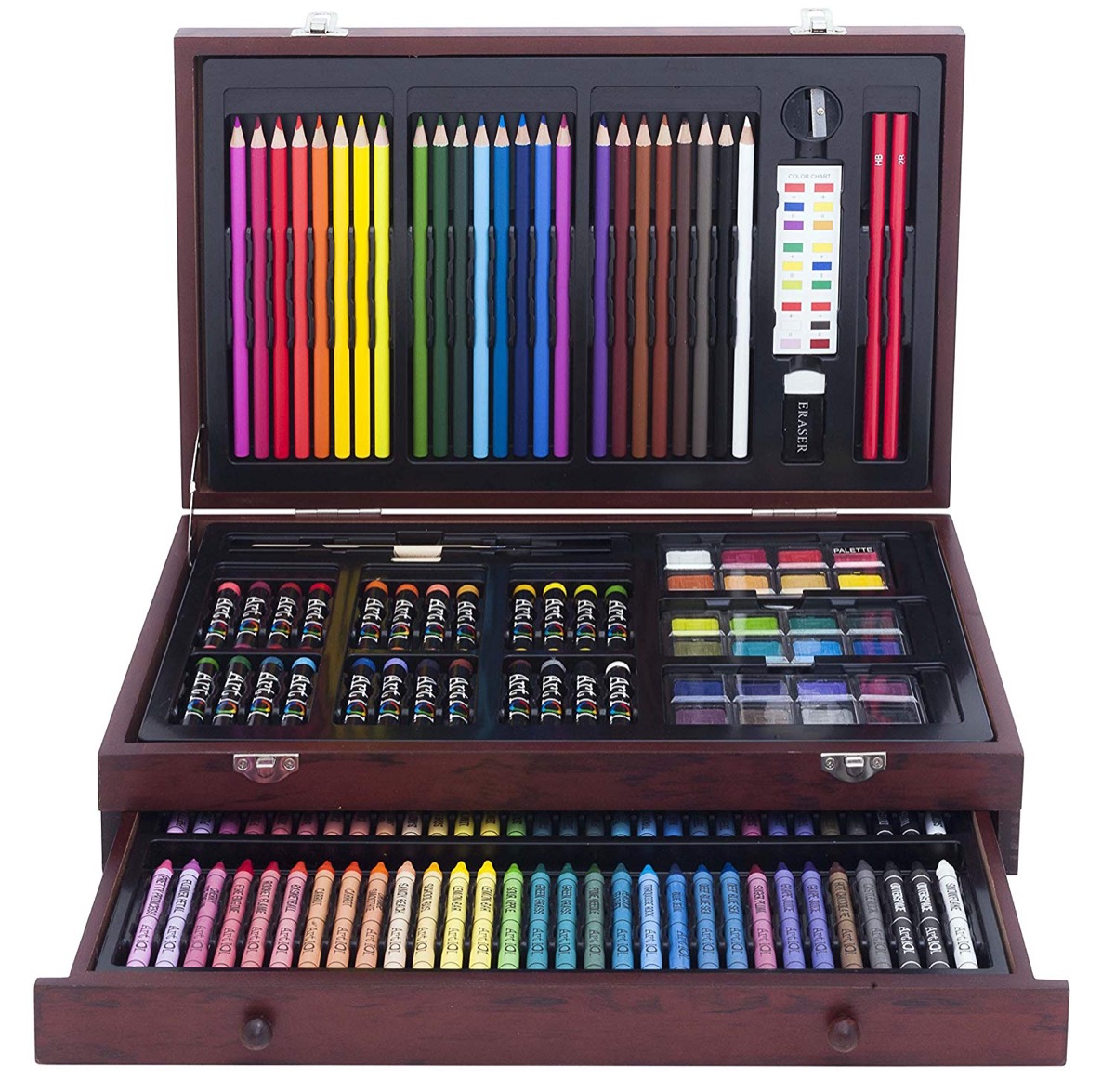 wooden box full of colored pencils, paints, and crayons