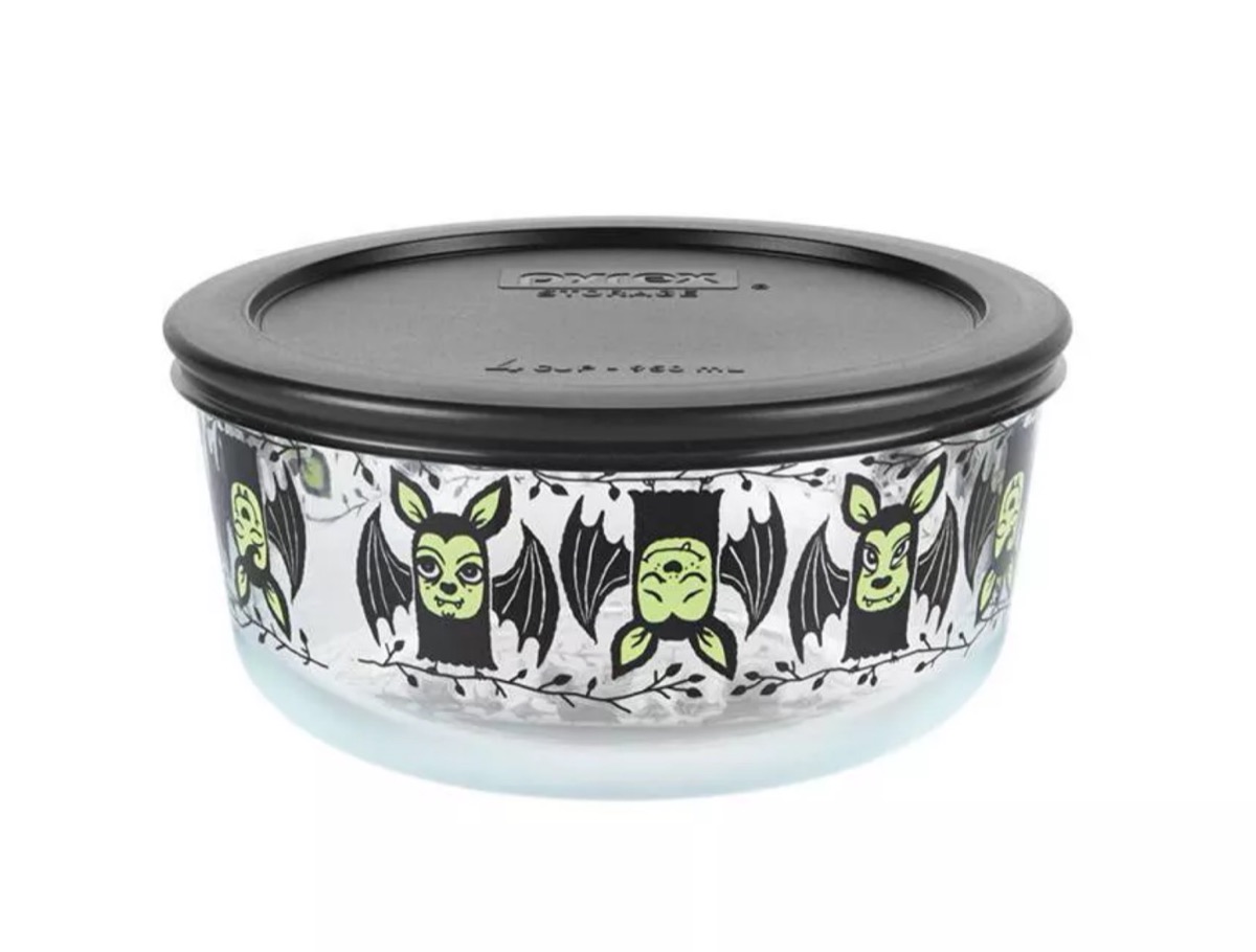 pyrex container with green and black bats and black lids, target halloween decor