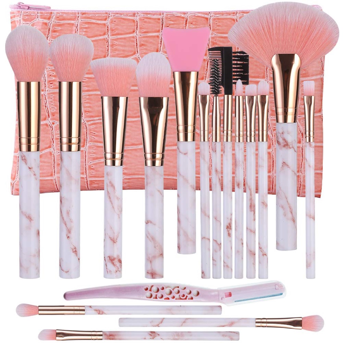 pink makeup brushes with faux marble handles and pink faux crocodile case