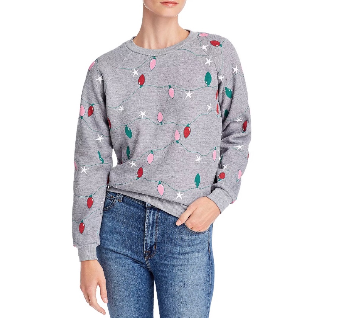 woman wearing gray sweater with christmas lights on it