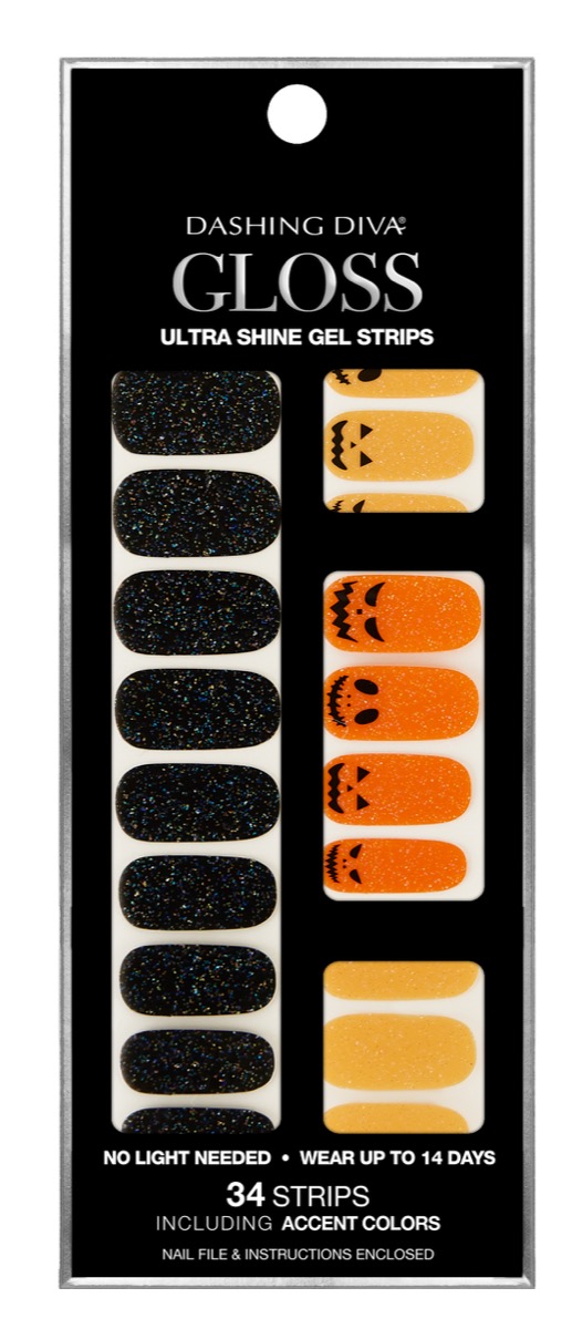 black glitter and orange pumpkin print gel nail strips