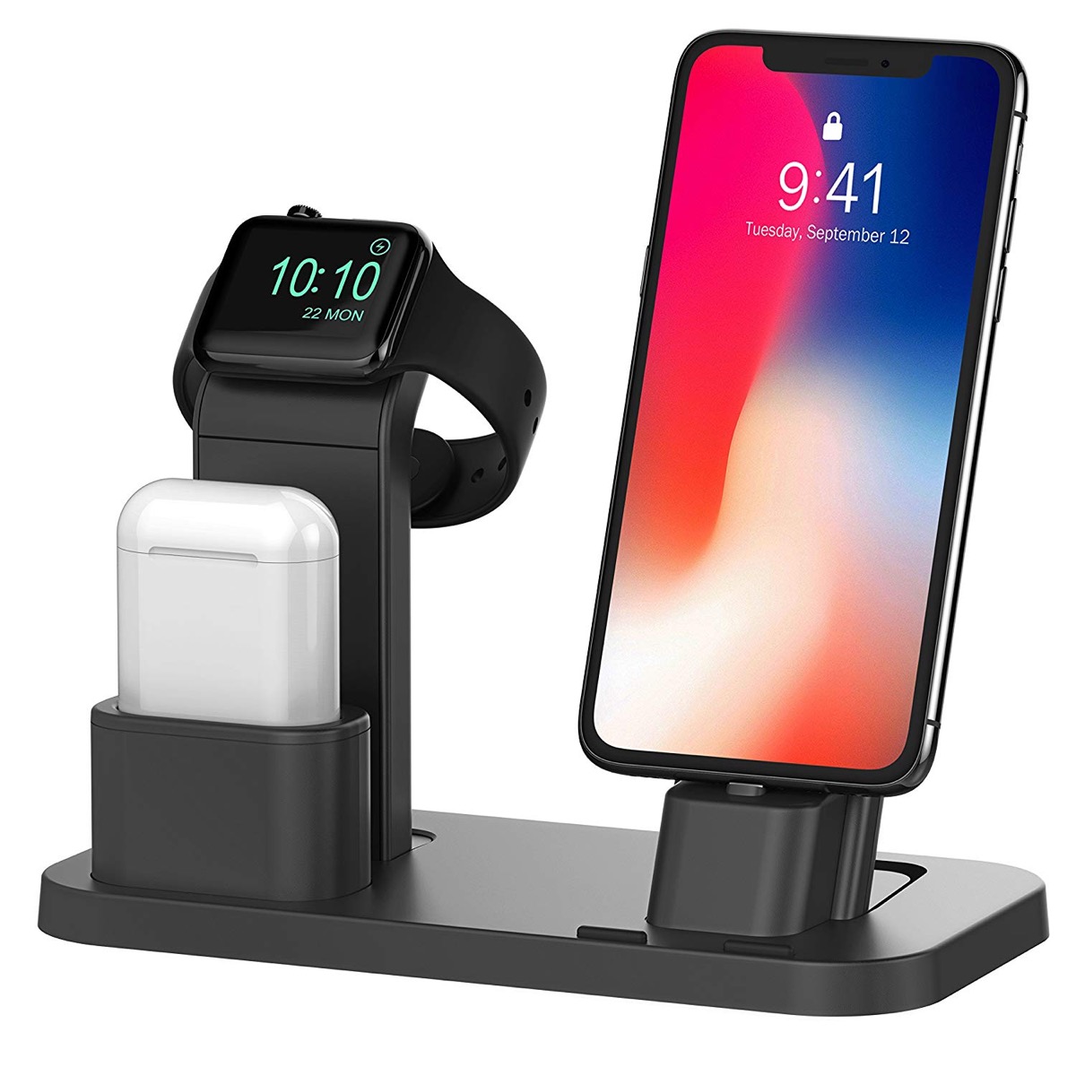 iphone, airpods, and apple watch on black charging station