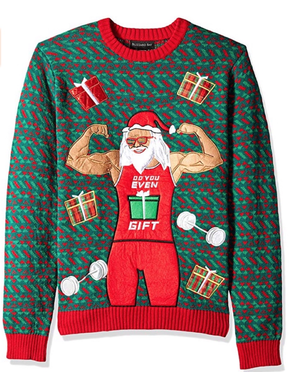 green christmas sweater with muscular santa and "do you even gift" on it