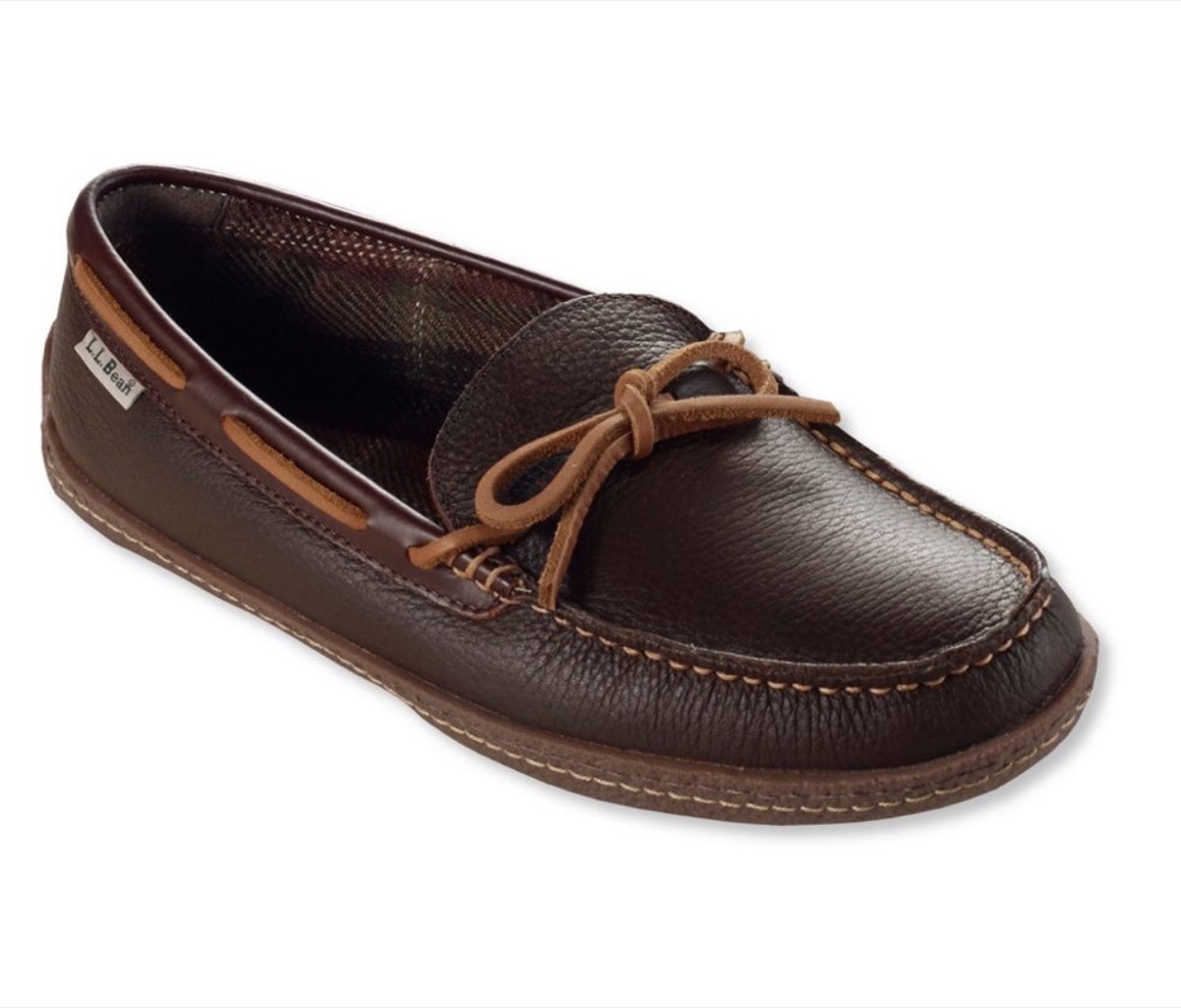 brown leather slippers with light brown topstitching