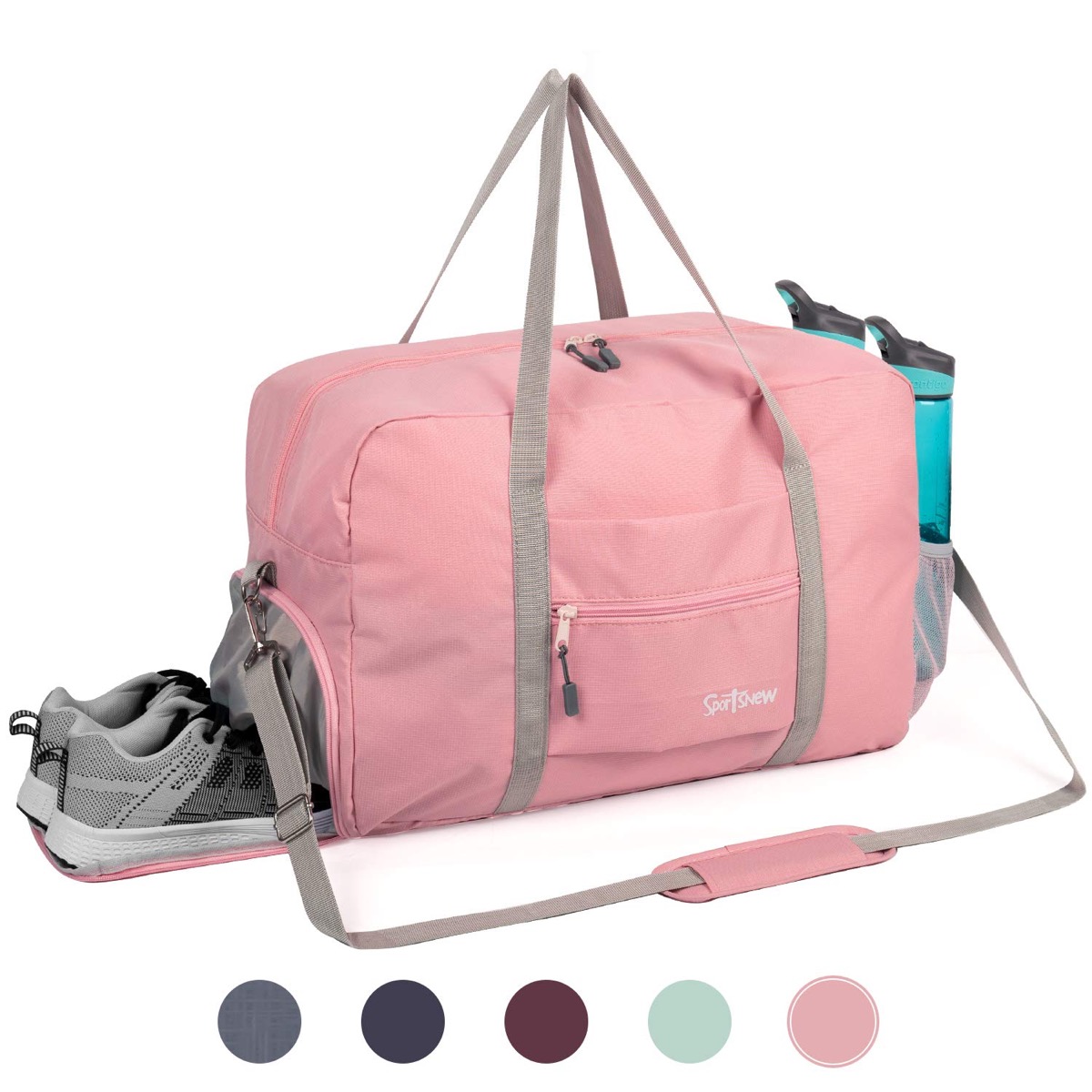 pink duffel-style gym back with gray straps