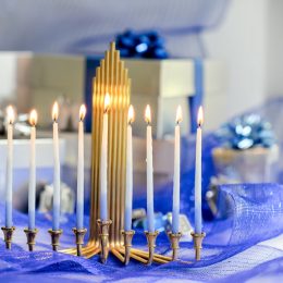 menorah and presents and blue ribbon, hanukkah decorations
