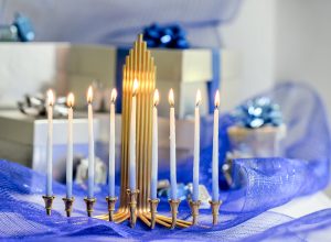 menorah and presents and blue ribbon, hanukkah decorations