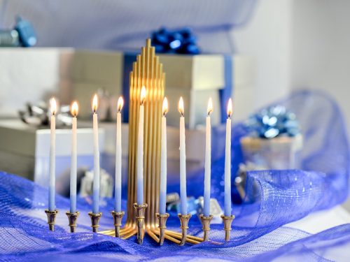 menorah and presents and blue ribbon, hanukkah decorations