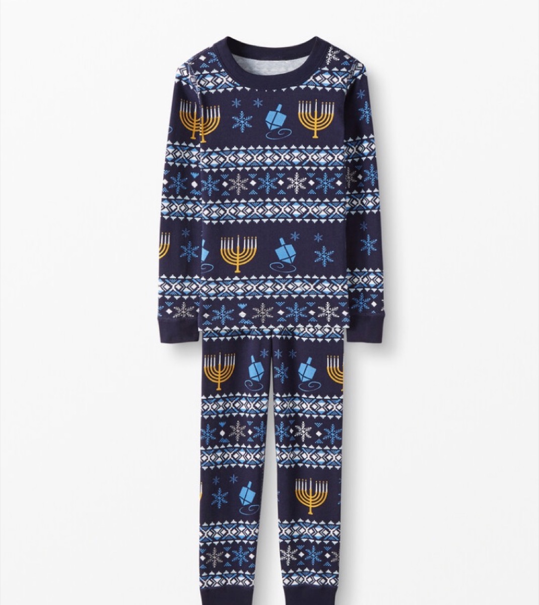 blue hanukkah pajamas with menorahs and dreidels, hanukkah gifts